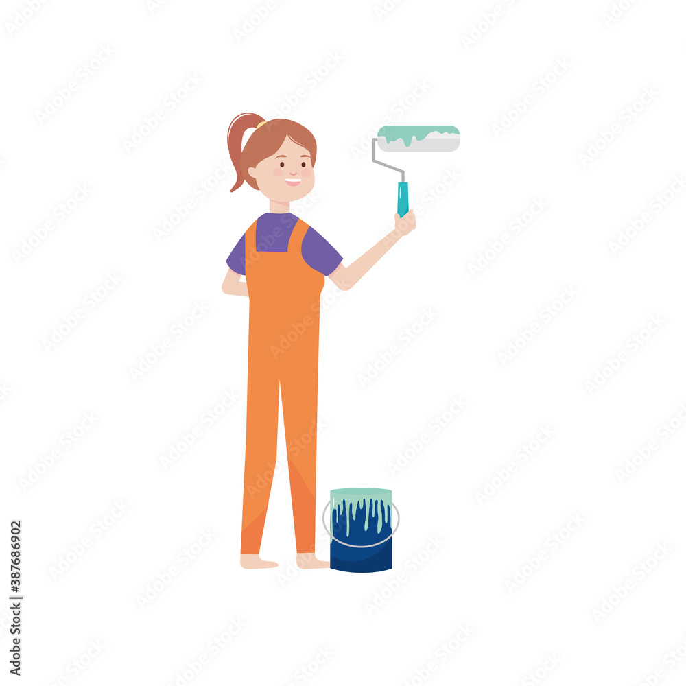 cartoon builder woman holding a paint bucket and roller, flat style cartoon builder woman holding a paint bucket and roller, flat style