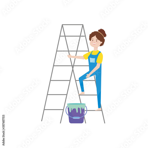 cartoon woman on a stepladder and paint can, flat style