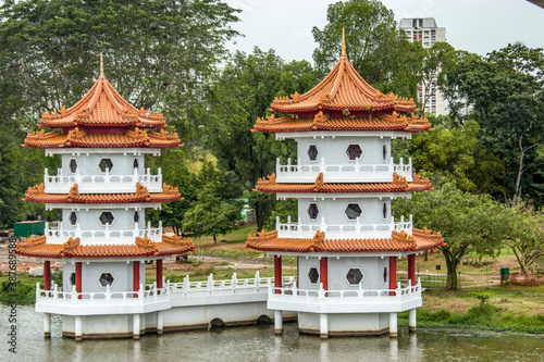 Singapore Oct 23rd 2020: the Twin Pagoda in Chinese garden. The three-storey twin pagodas are named "Cloud Wrapped" Pavilion and "Moon Receiving" Tower. Once at the top, you will enjoy the lake view.