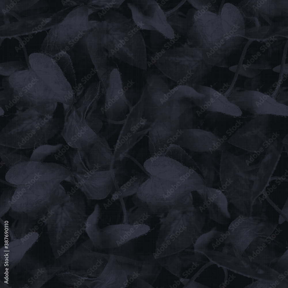 Dark moody almost black leaf seamless pattern. High quality illustration. Deep mysterious distant and faded leaf foliage design. Luxurious shadow surface pattern design for interiors or backgrounds. Dark moody almost black leaf seamless pattern. High quality illustration. Deep mysterious distant and faded leaf foliage design. Luxurious shadow surface pattern design for interiors or backgrounds.