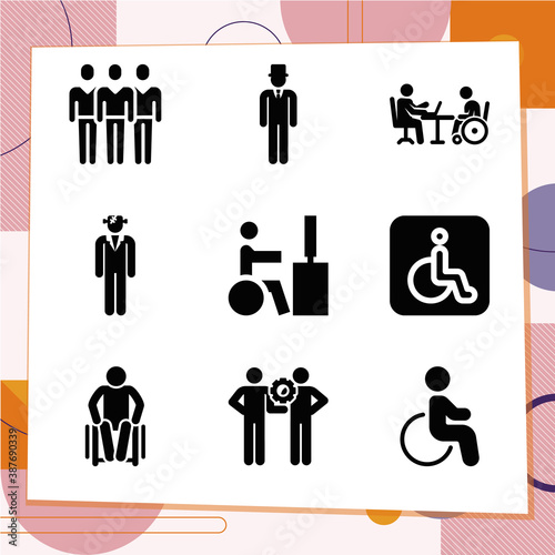 Simple set of 9 icons related to wheelchair