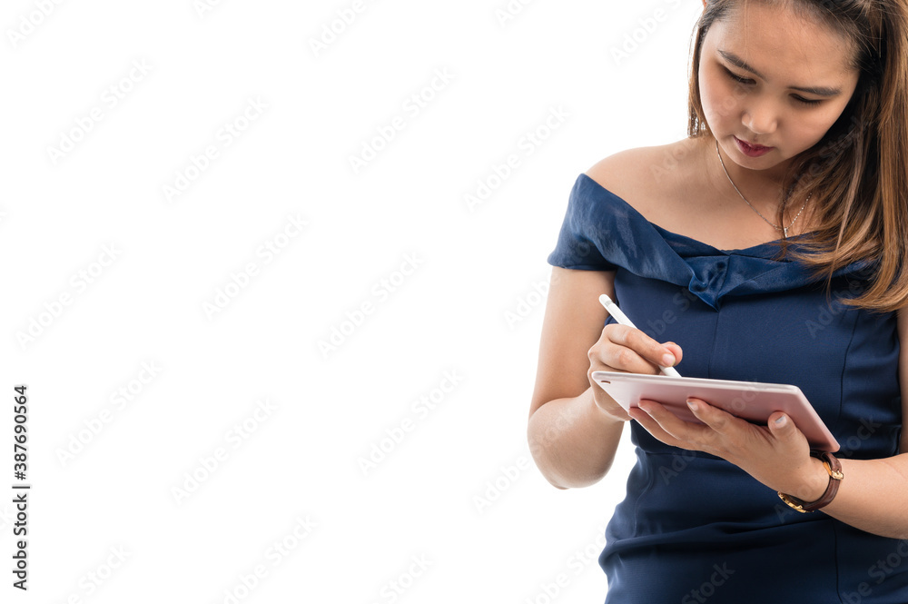 woman with blue dress using tablet computer on white background woman with blue dress using tablet computer on white background