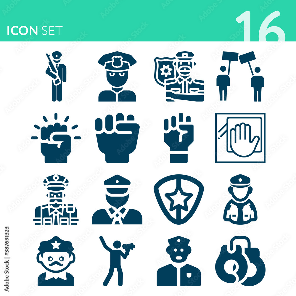 Simple set of 16 icons related to riot Simple set of 16 icons related to riot
