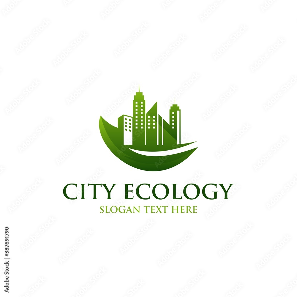 Illustration Green building with nature leaf sign logo design concept, Eco city abstract concept