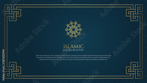 Islamic Arabic Background Template Design with Decorative Golden Ornament Border Frame and copy space for text 