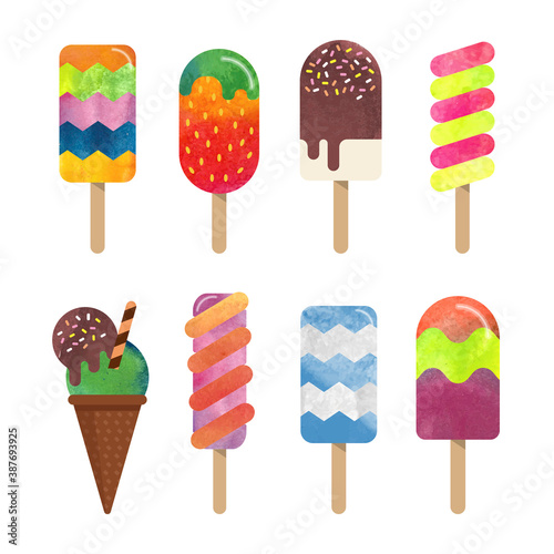 Colorful watercolor delicious dessert sweet food ice popsicle collection