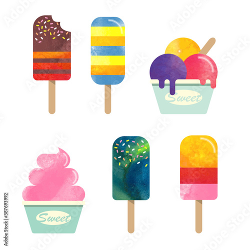 Colorful watercolor delicious dessert sweet food ice popsicle collection