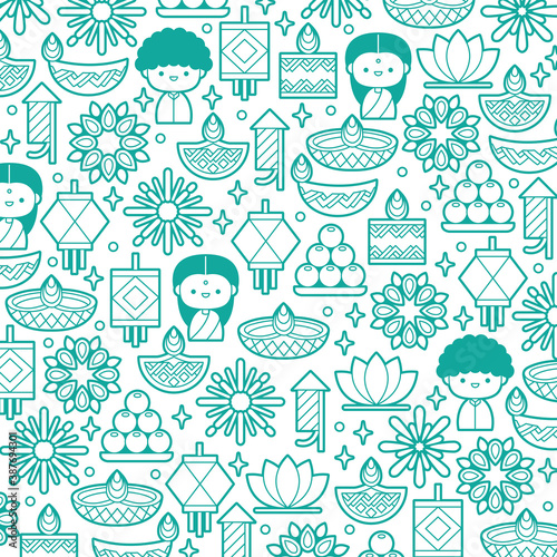 Diwali or Deepavali Hindu festival pattern design with mono color flat modern elements. 