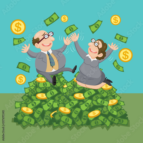 Happy old business people earning money, illustration vector cartoon
