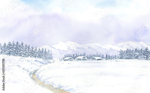 田舎の雪景色　水彩画 © miko