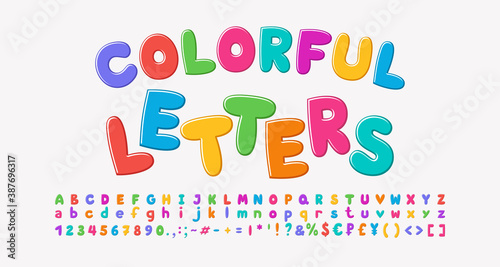 Multicolored cartoon alphabet  bubble shape font rainbow bright colors. Uppercase and lowercase letters  numbers  punctuation marks. Vector illustration
