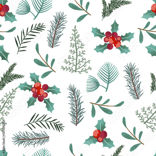 Natural seamless pattern with flower,leaf,holly for Christmas holiday