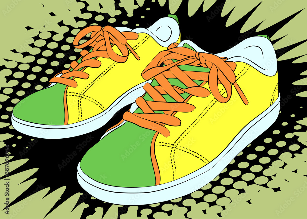 Εκτύπωση καμβά A pair of Sneaker, sport shoes - comic book style, cartoon vector illustration on abstract background