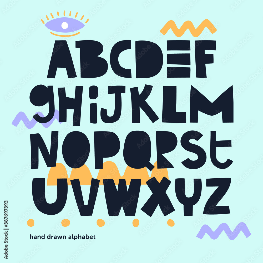 Decorative alphabet for your design. Vector hand drawn alphabet on bright background. Cute cartoon letters. Decorative alphabet for your design. Vector hand drawn alphabet on bright background. Cute cartoon letters.