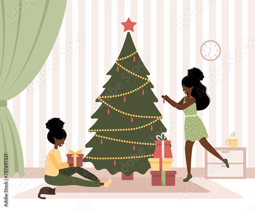 Joyful african women decorate Christmas tree. Happy couple during Christmas holidays preparations. Flat vector illustration in cartoon style. photo