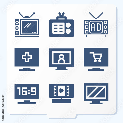 Simple set of 9 icons related to colour tv