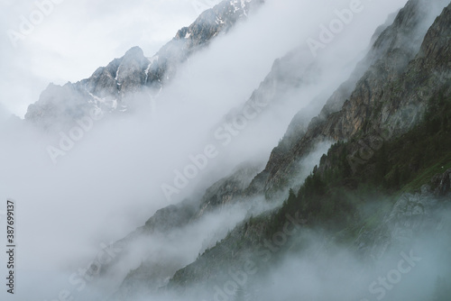 Ghostly atmospheric view to big cliff in cloudy sky. Low clouds among giant rocky mountains. Mysterious place at early foggy morning. Minimalist scenery with beautiful rockies. Dramatic bleak fog.