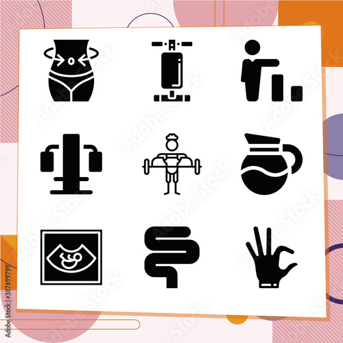 Simple set of 9 icons related to belly
