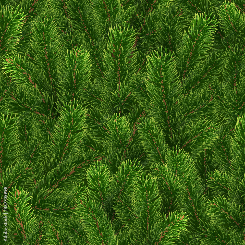 Seamless green pattern from Christmas tree branches. Realistic illustration. The branches of the pine are scattered randomly over the background. New Year wallpapers. Vector. EPS10 Seamless green pattern from Christmas tree branches. Realistic illustration. The branches of the pine are scattered randomly over the background. New Year wallpapers. Vector. EPS10