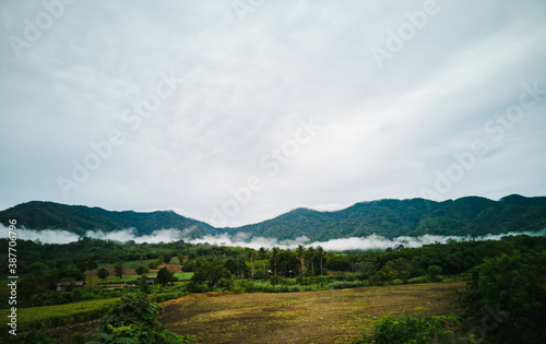 view of green field against mountain and blue sky with cloud