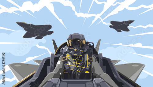 View from the aircraft cockpit on the pilot. Aircraft-fighter cockpit overview. Aerobatic team in the air. A new generation military fighter. Pilot of the future. Vector illustration, EPS 10