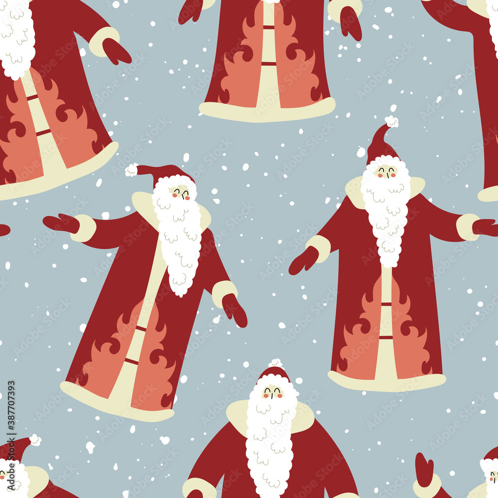 Seamless pattern with Santa Claus. Christmas and New 2021 Year. Vector flat cartoon illustration. Perfect for greeting card, invitation, textile, wrapping paper