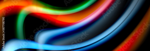 Dynamic motion abstract background. Color blurred stripes on black. Wave liquid lines poster. Vector illustration