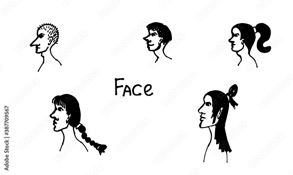 Half face silhouette. Vector hand drawn ink illustration. Collection of people's heads side view. Simple line art portrait