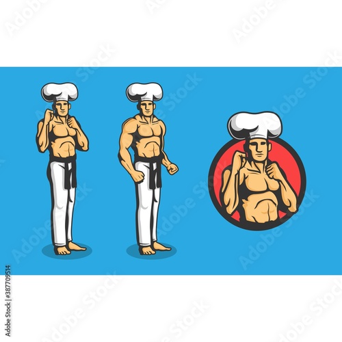 Boxing Male Chef. mix martial art black belt chef.  Vector Illustration