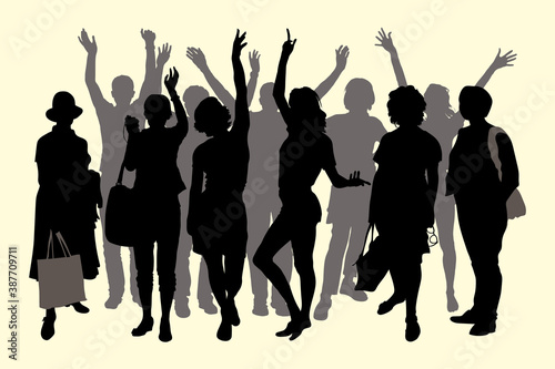 Vector silhouettes isolated from each other group of tourists stand in 2 rows  people raised their hands up  waving affably  women with bags in hat  emotion of joy  holiday  happy women and men crowd