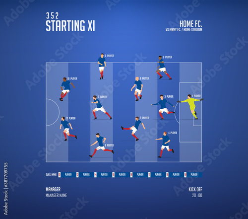 Football or soccer match lineups formation infographic. Set of football player position on soccer field. Football kit or soccer jersey icon in flat design.