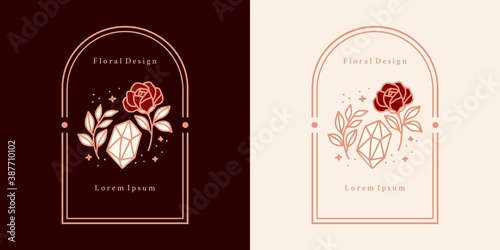 Hand drawn vintage crystal, gems, leaf, pink rose flower logo template, and feminine beauty brand element in elegant and minimal style