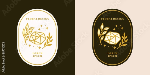 Hand drawn vintage gold crystal, gems, floral logo template, and feminine beauty brand element in elegant and minimal style