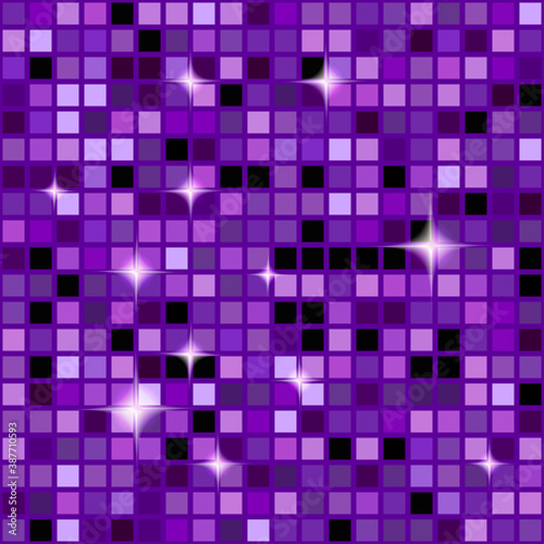 Purple seamless mosaic shimmer background. Sparkle glitter backdrop. Disco ball texture wallpaper.