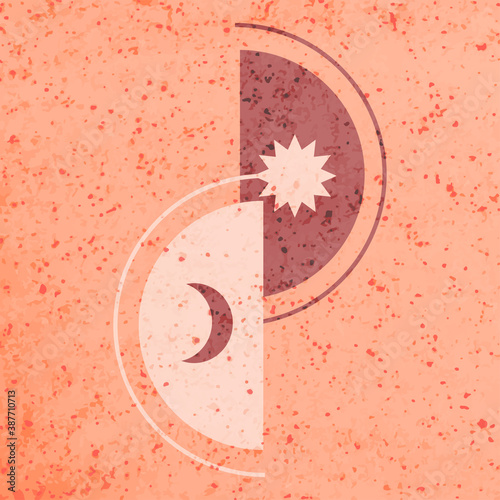 Figures of the sun and moon in terracotta color. Modern aesthetic background.