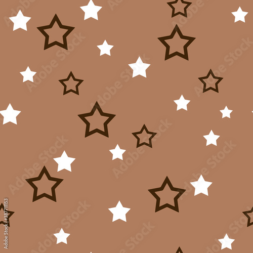 Brown and white stars on a beige background randomly scattered. Seamless vector pattern