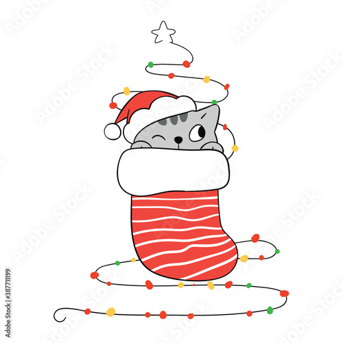 Draw cat in red sock with Christmas light.
