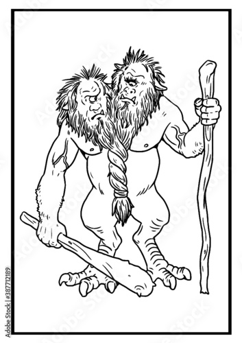 Two headed troll vector drawing.  Giant cannibal coloring template. 