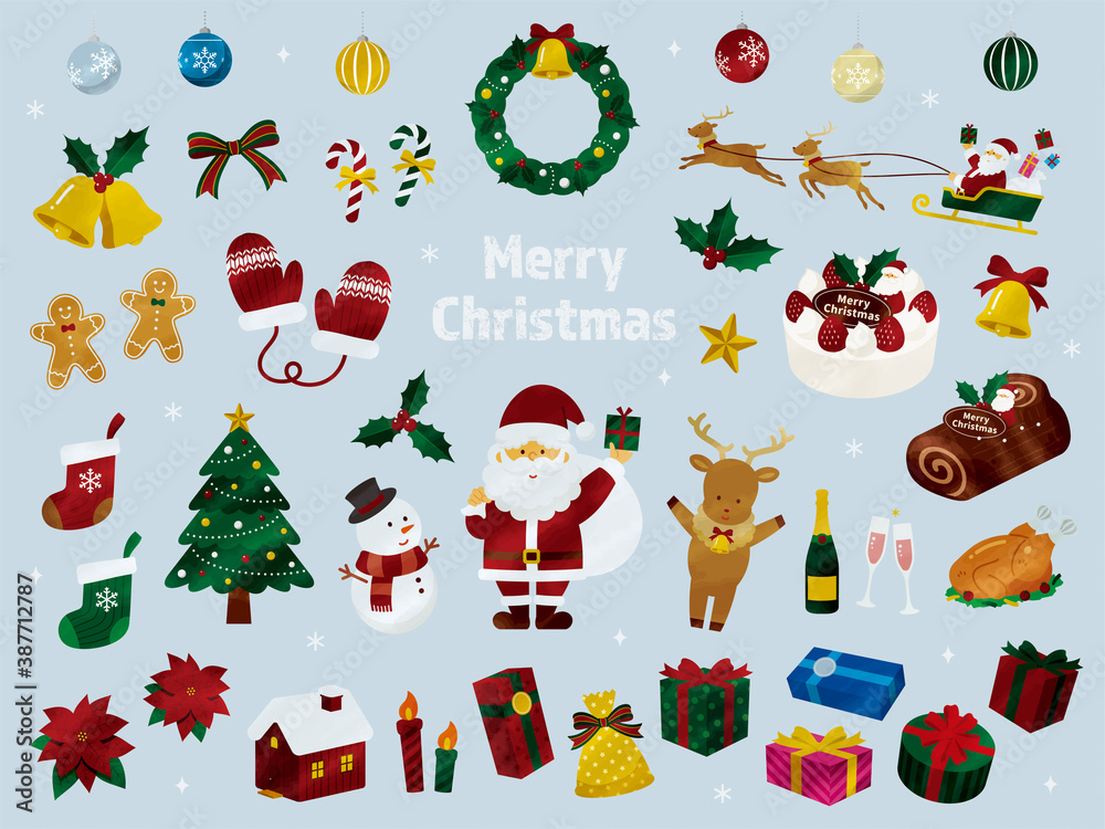 シックな色の水彩風クリスマスベクターイラストアイコンセット