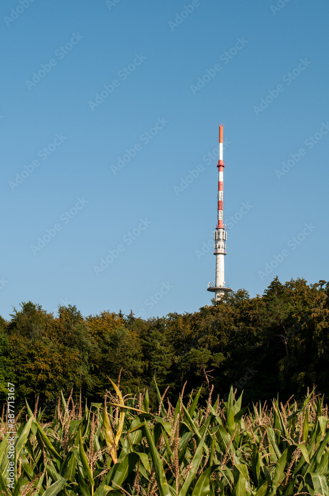 Obraz premium a concrete communication tower painted red and white