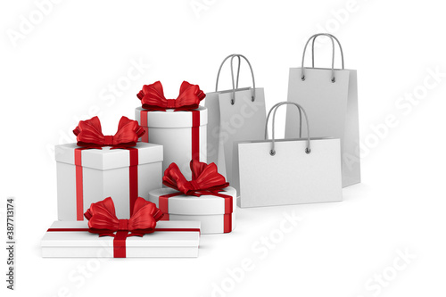 white boxes with red bow and shopping bags on white background. Isolated 3D i...