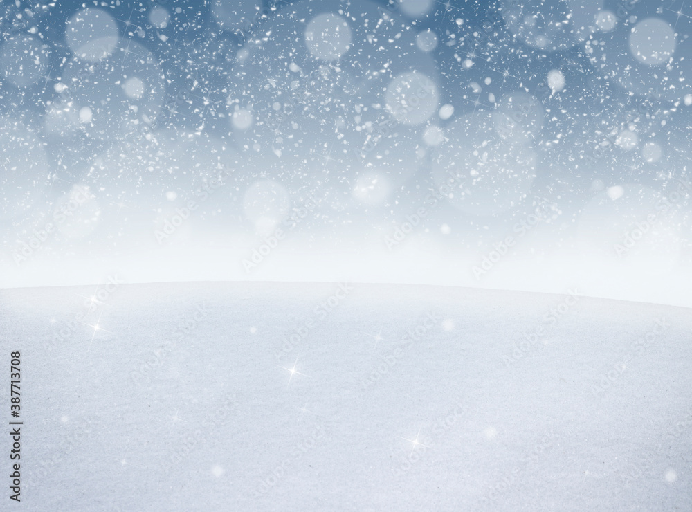 Winter christmas background, white snow surface texture and falling snowflakes with copy space
