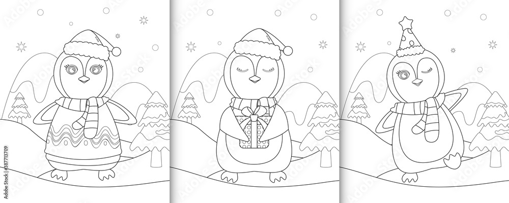 coloring book with cute penguin christmas characters