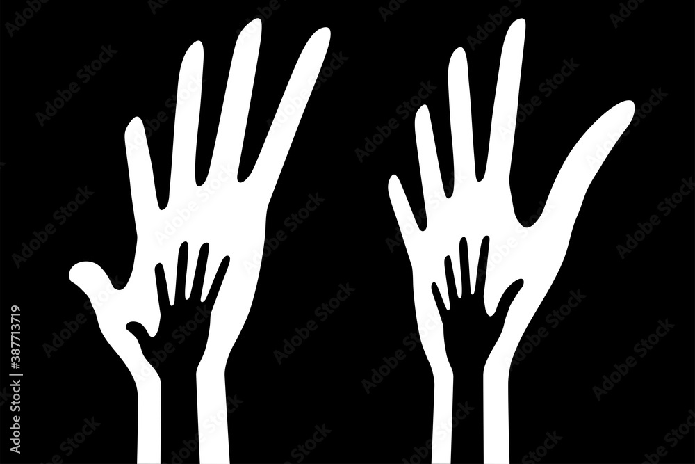 Icon of big hand and small hand in perspective. Vector illustration set. Help symbol. Support emblem. Parent and baby hands. Vector logo for education, health care, medical
