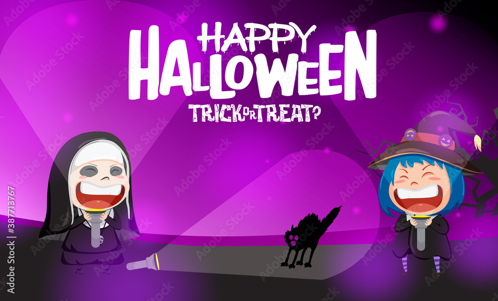 Obraz premium Halloween kids party vector background design. Happy halloween text with kid costume horror characters like witch, nun and cat silhouette for trick or treat party. Vector illustration.