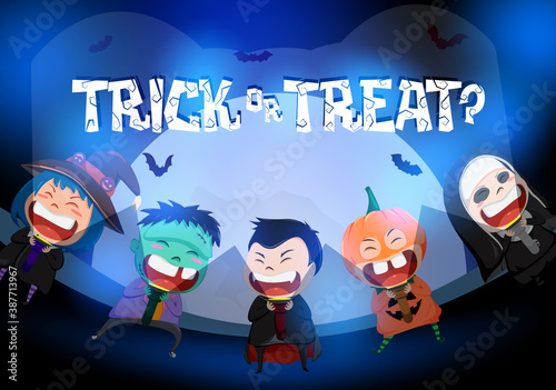 Trick or treat kids vector background design. Trick or treat text in moon element with creepy kid characters like witch, pumpkin and vampire for halloween costume party celebration.