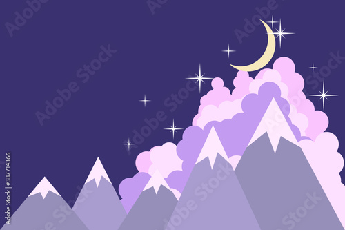 Yellow moon in the lilac sky with pink clouds, white stars and mountains. Romantic background for wallpaper, packaging, textiles