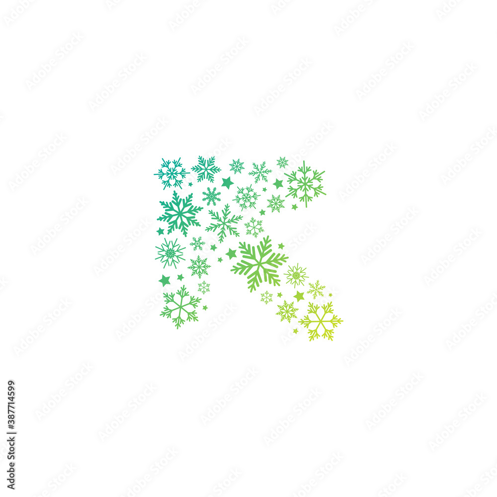 Christmas winter cursor. blue arrow made of snowflakes. Vector icon isolated on white background.