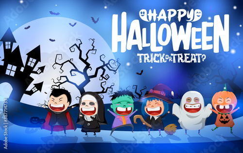 Halloween kid vector background design. Happy halloween and trick or treat text with creepy kids characters in hunted castle yard for scary child costume party. Vector illustration.