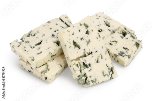 Blue cheese slices isolated on white background with clipping path and full depth of field.